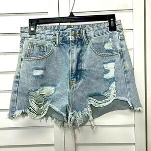 SHEIN High Waisted Ripped Raw Hem Denim Shorts Size XS Light Wash